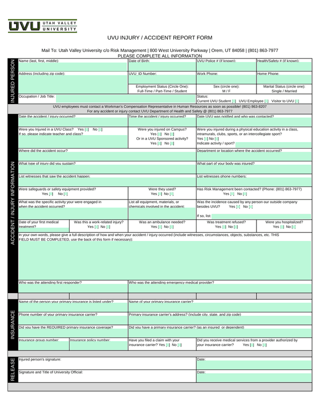 UVU Injury  Accident Report Form screenshot