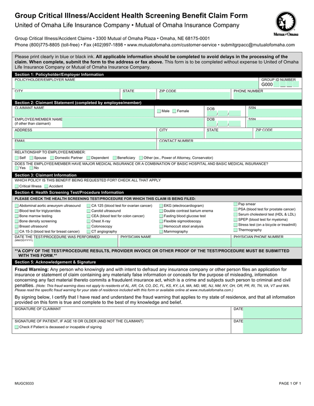 Group Critical IllnessAccident Health Screening Benefit Claim Form screenshot