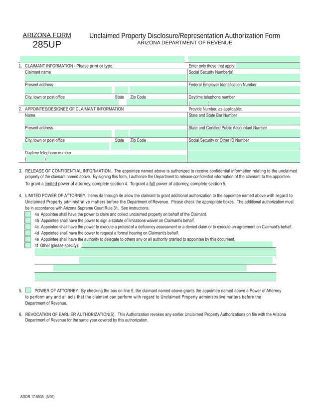 Unclaimed Property DisclosureRepresentation Authorization Form screenshot