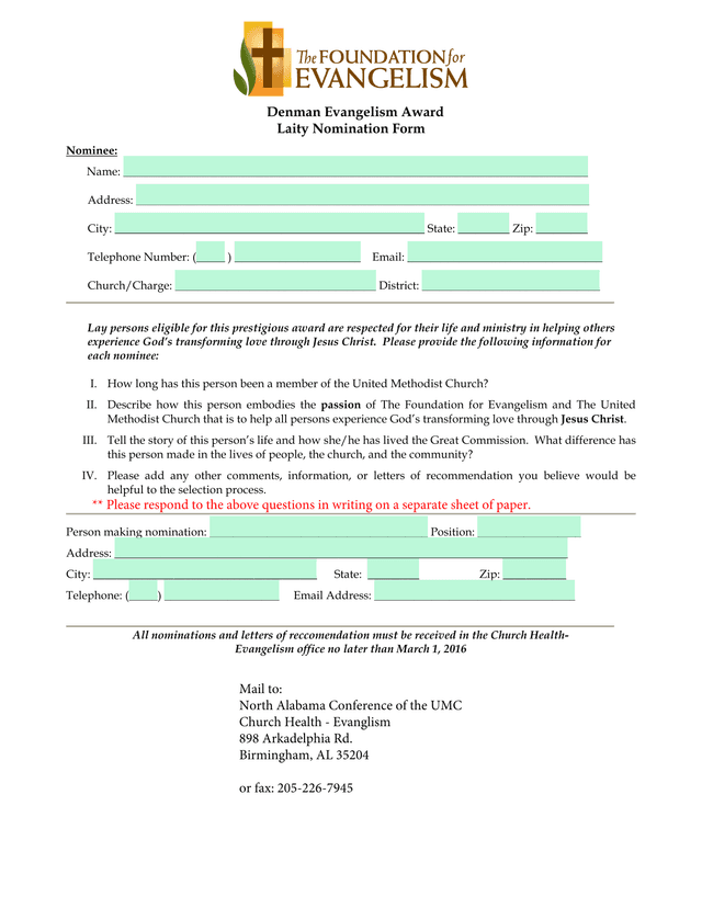 Denman Evangelism Award Laity Nomination Form screenshot