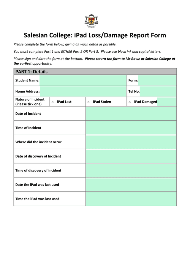 Salesian College IPad LossDamage Report Form screenshot