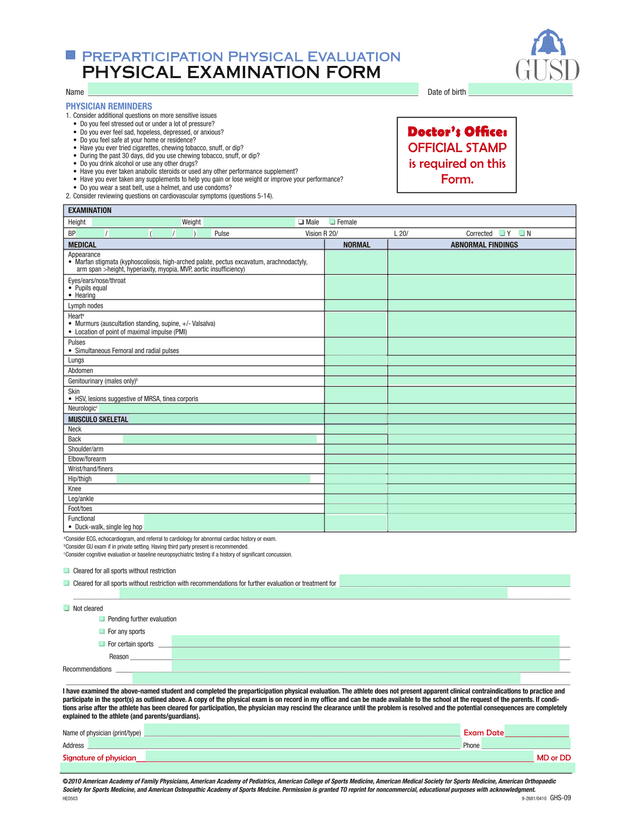 PREPARTICIPATION PHYSICAL EVALUATION PHYSICAL EXAMINATION FORM screenshot