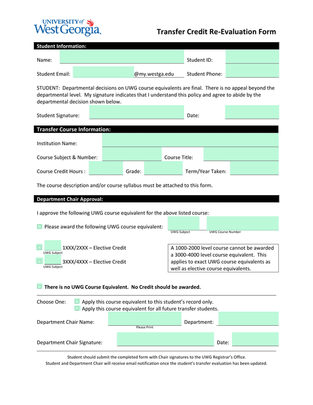 Transfer Credit Re Evaluation Form screenshot
