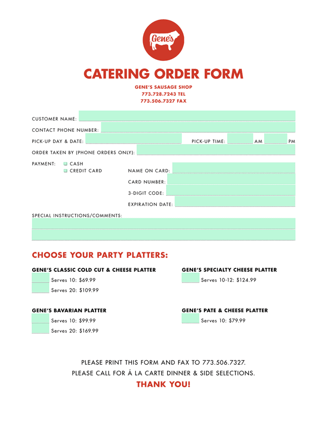 Catering Order Form screenshot