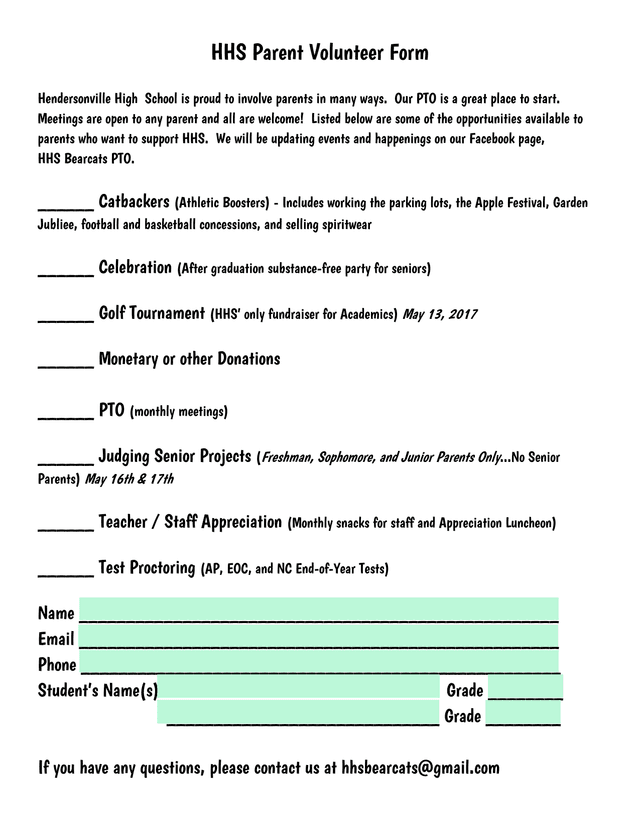 HHS Parent Volunteer Form screenshot