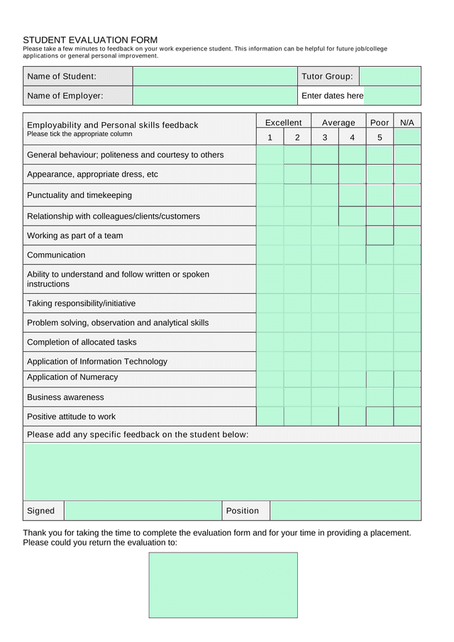 Student Evaluation Form screenshot