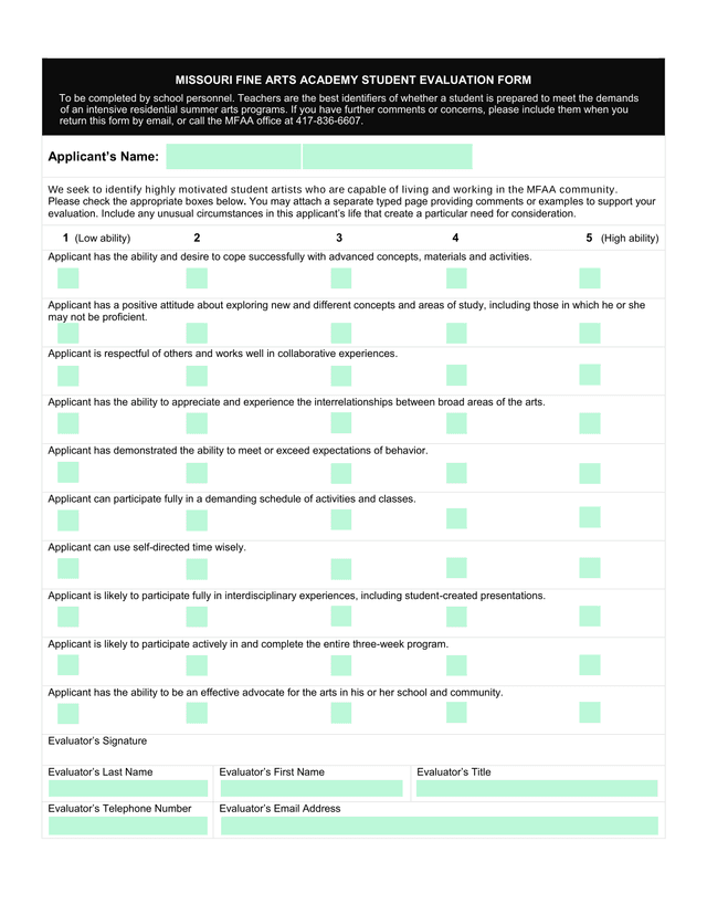 Missouri Fine Arts Academy Student Evaluation Form screenshot