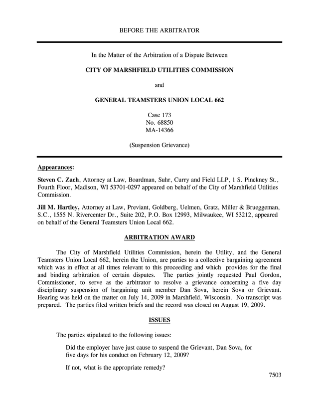 Arbitration Award In City Of Marshfield Utilities Commission And General Teamsters Union Local 662 D screenshot