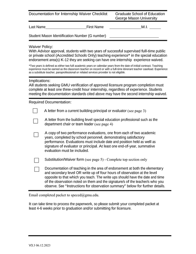Internship Waiver Checklist screenshot