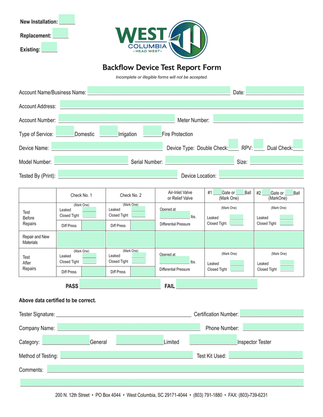 Backflow Device Test Report Form screenshot