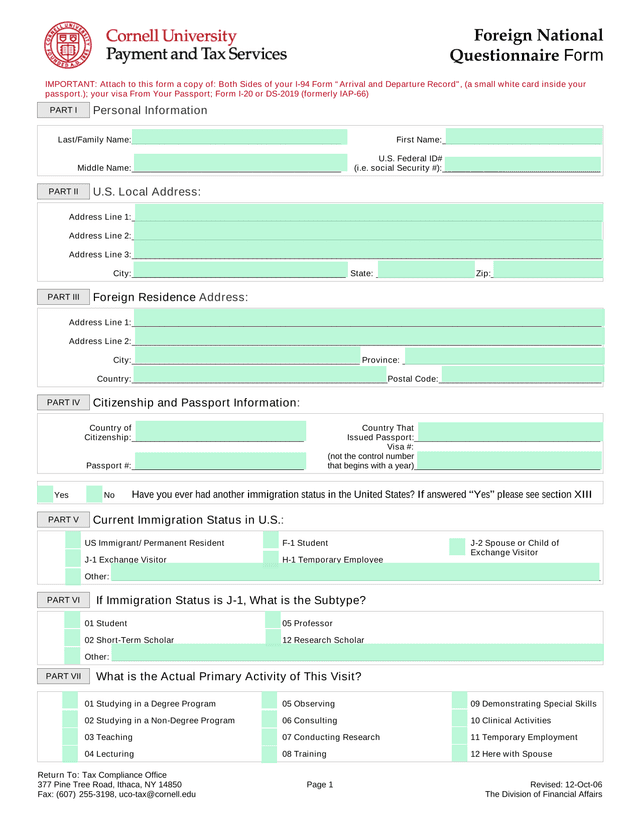 Foreign National Questionnaire Form screenshot