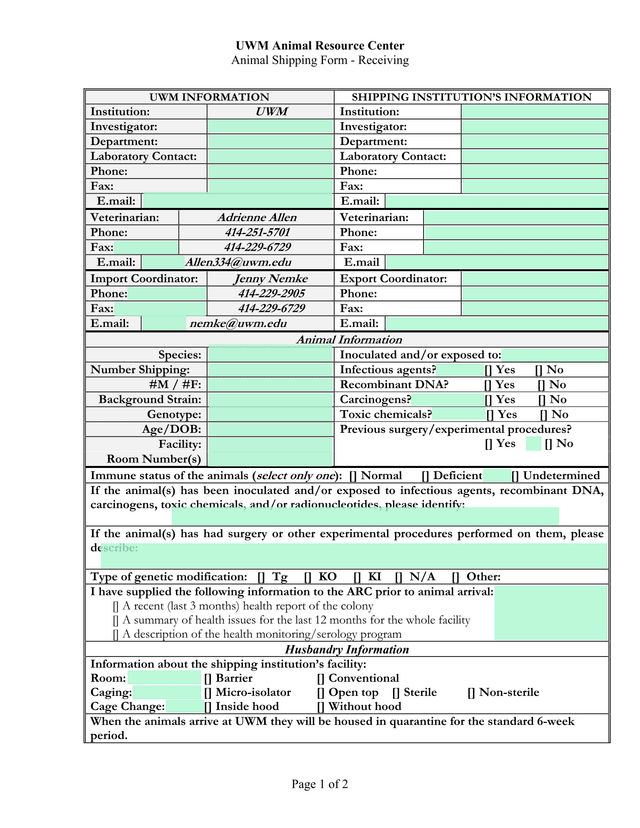 UWM Animal Resource Center Animal Shipping Form   Receiving screenshot