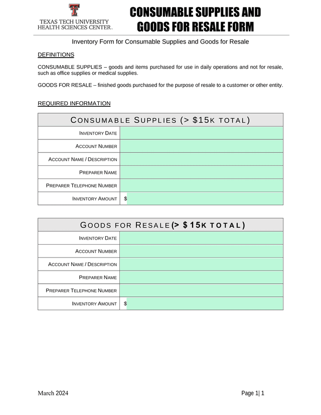 CONSUMABLE SUPPLIES AND GOODS FOR RESALE FORM screenshot