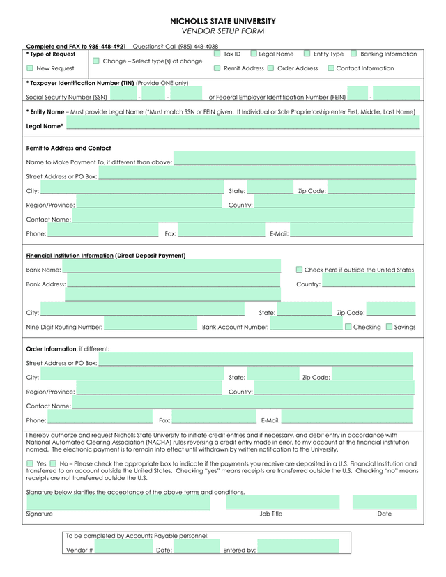 Vendor Setup Form screenshot