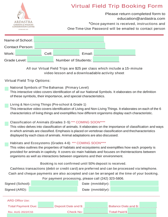 Virtual Field Trip Booking Form screenshot