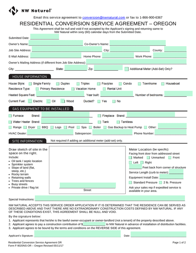 RESIDENTIAL CONVERSION SERVICE AGREEMENT  OREGON screenshot