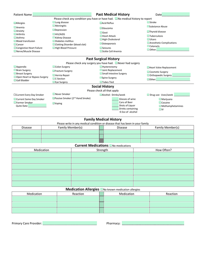 Patient Medical History Form screenshot