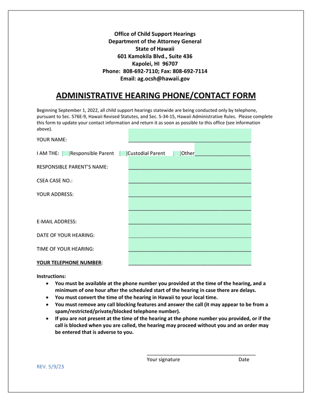 Administrative Hearing PhoneContact Form screenshot