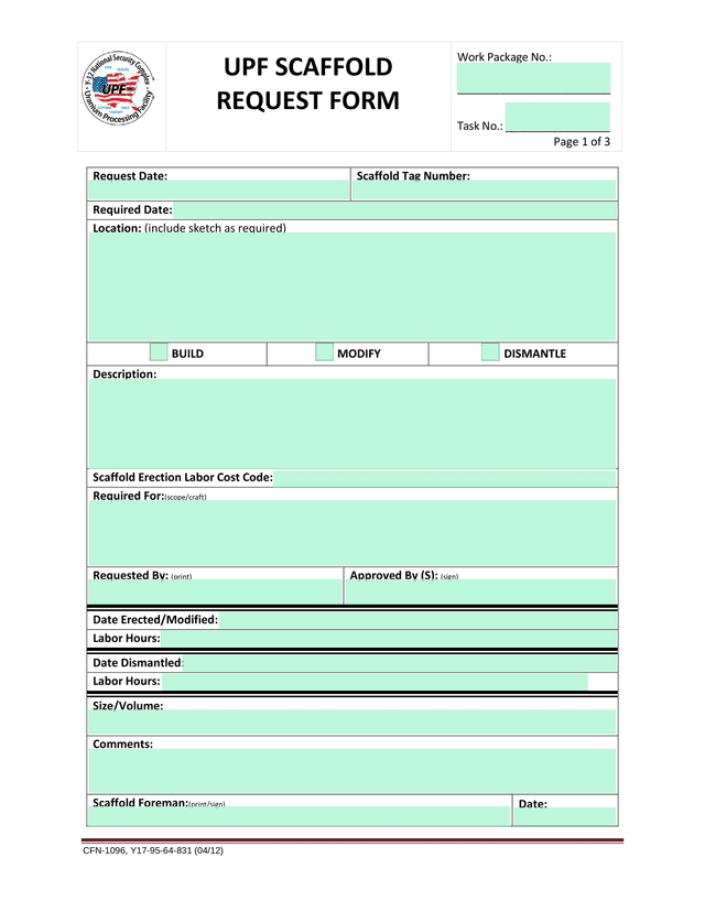 UPF Scaffold Request Form screenshot