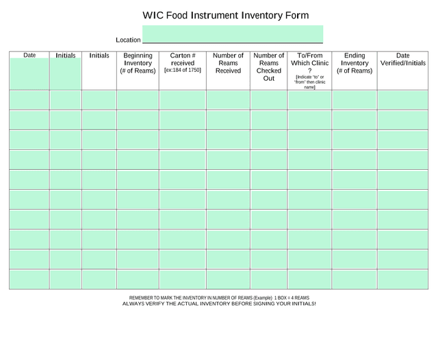 WIC Food Instrument Inventory Form screenshot