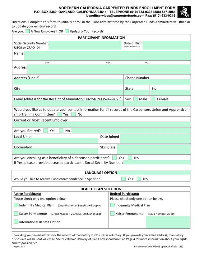 Northern California Carpenter Funds Enrollment Form screenshot