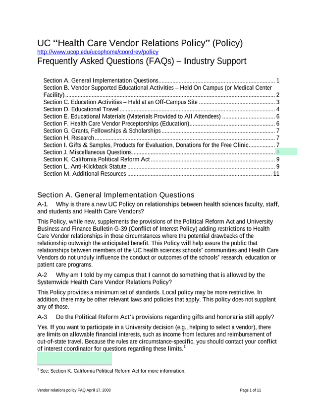 UC Health Care Vendor Relations Policy screenshot