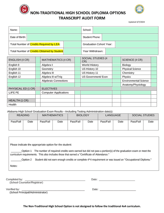 Non Traditional High School Diploma Options Transcript Audit Form screenshot