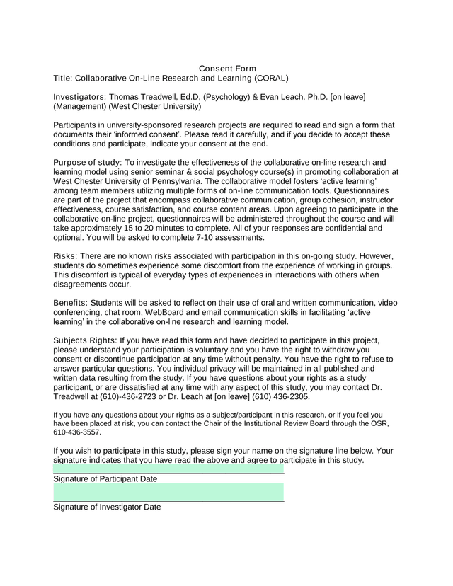 Consent Form Collaborative On Line Research And Learning (CORAL) screenshot