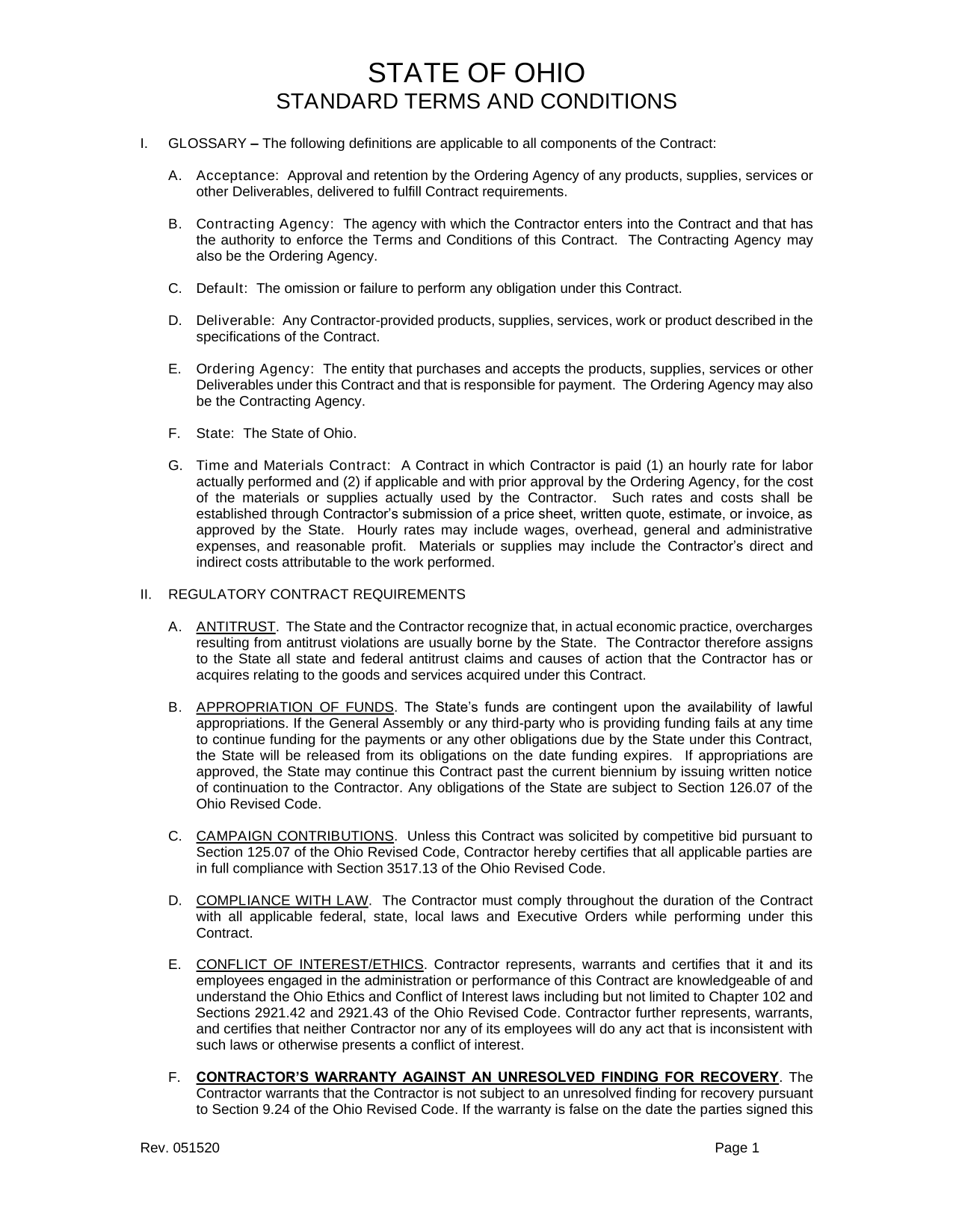 STATE OF OHIO STANDARD TERMS AND CONDITIONS screenshot