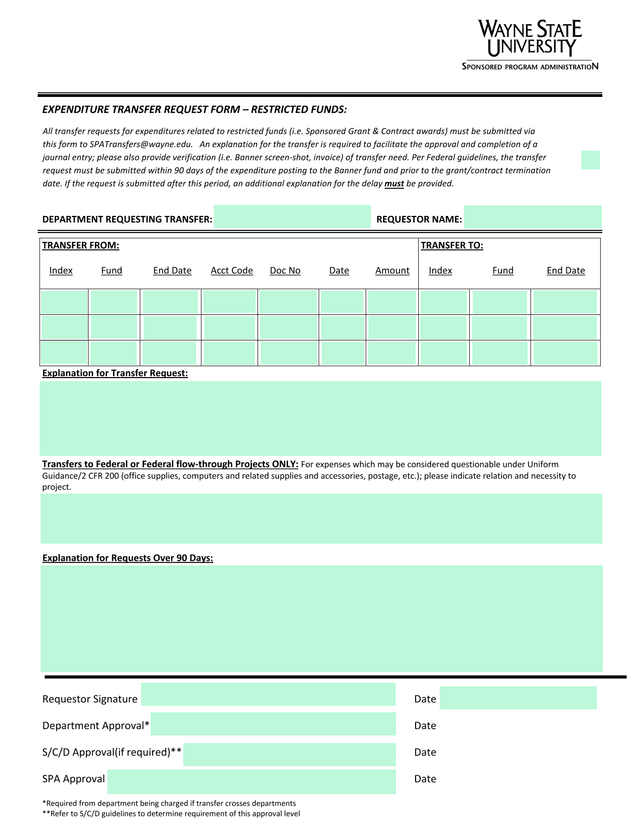 Expenditure Transfer Request Form  Restricted Funds screenshot