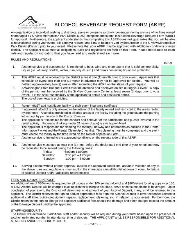 Alcohol Beverage Request Form (ABRF) screenshot