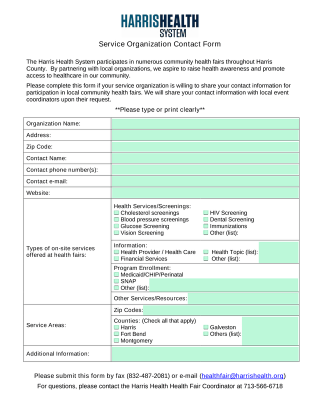 Service Organization Contact Form screenshot