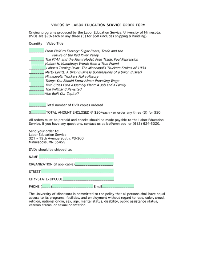 VIDEOS BY LABOR EDUCATION SERVICE ORDER FORM screenshot