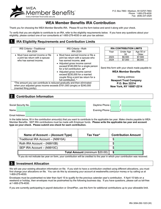 WEA Member Benefits IRA Contribution screenshot