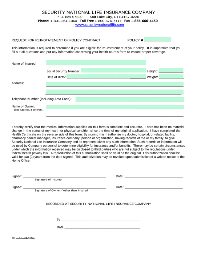 Request For Reinstatement Of Policy Contract screenshot