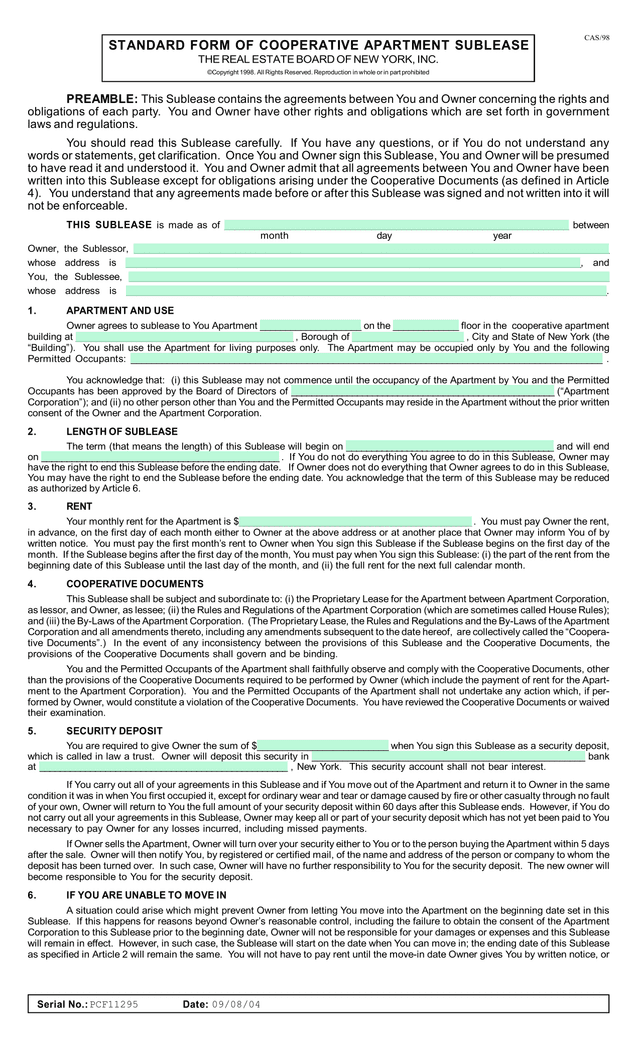 Standard Form Of Cooperative Apartment Sublease screenshot