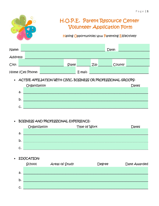 H.O.P.E. Parent Resource Center Volunteer Application Form screenshot