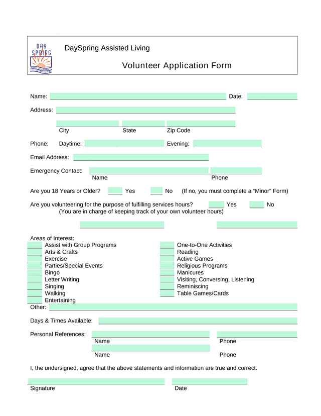 DaySpring Assisted Living Volunteer Application Form screenshot