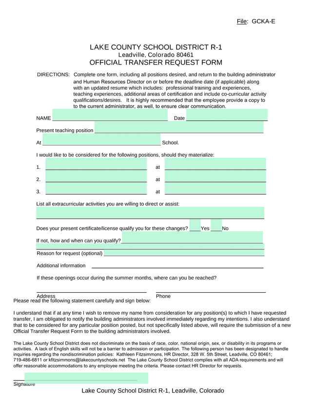 OFFICIAL TRANSFER REQUEST FORM screenshot