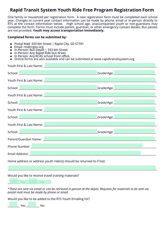 Rapid Transit System Youth Ride Free Program Registration Form screenshot