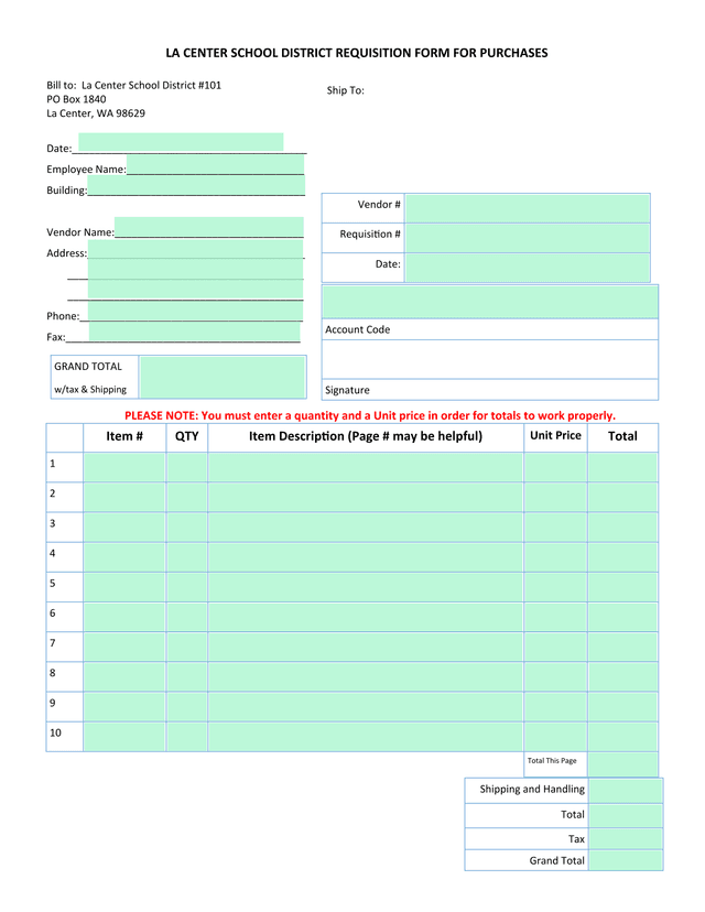 LA CENTER SCHOOL DISTRICT REQUISITION FORM FOR PURCHASES screenshot
