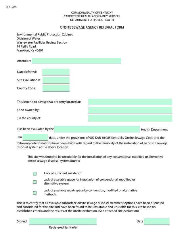 DFS   405 Onsite Sewage Agency Referral Form screenshot