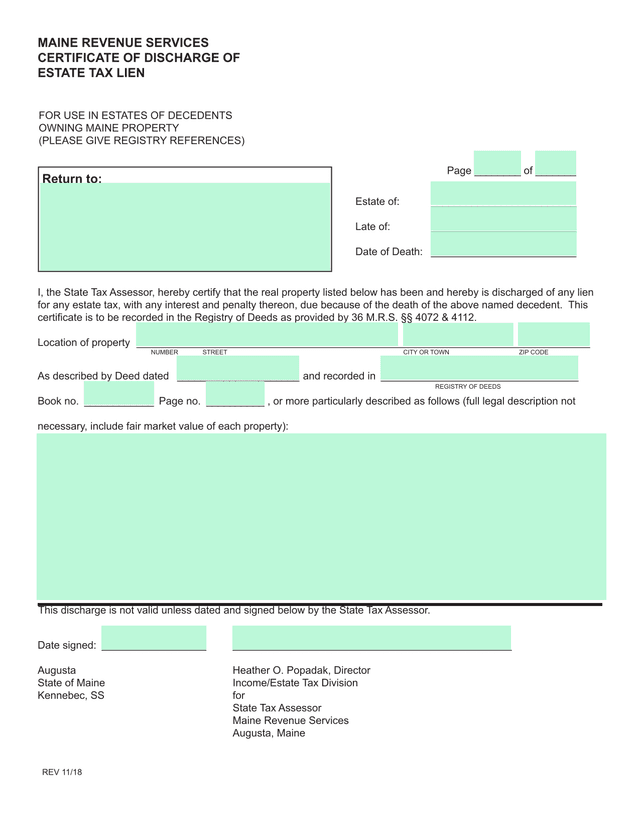 Maine Revenue Services Certificate Of Discharge Of Estate Tax Lien screenshot