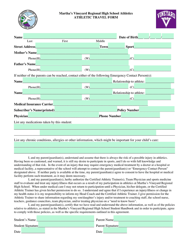 Athletic Travel Form screenshot