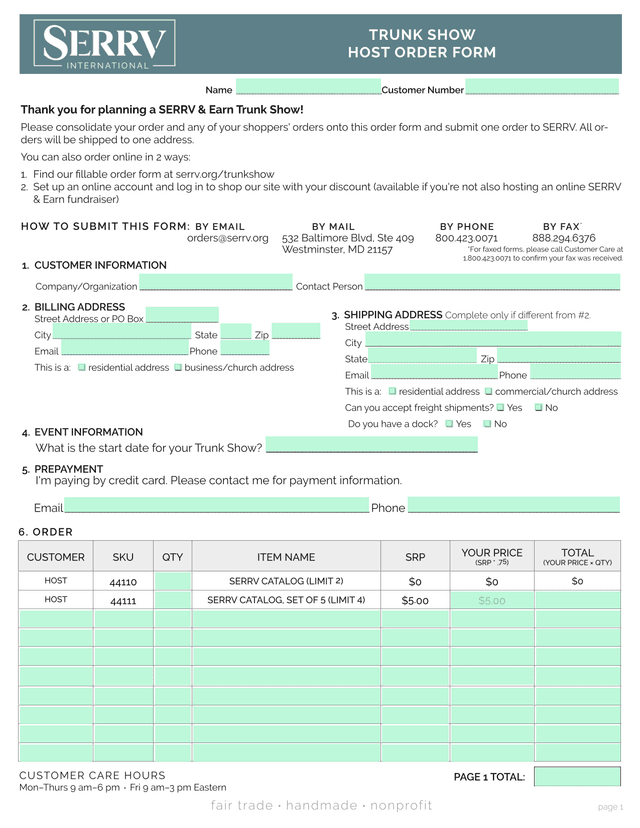 TRUNK SHOW HOST ORDER FORM screenshot