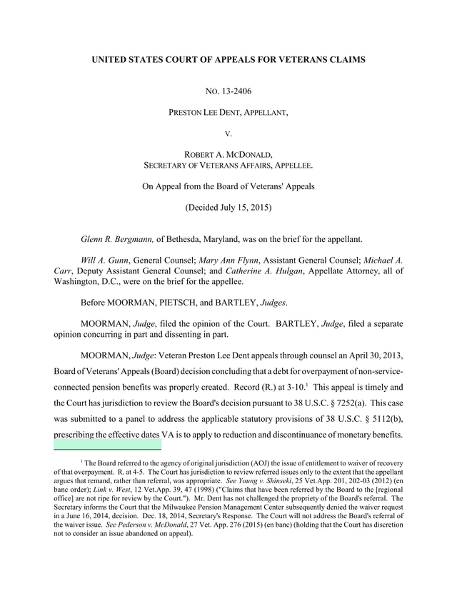 UNITED STATES COURT OF APPEALS FOR VETERANS CLAIMS   PRESTON LEE DENT V. ROBERT A. MCDONALD screenshot