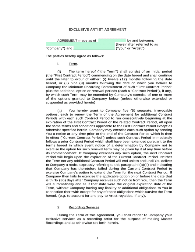 Exclusive Artist Agreement screenshot