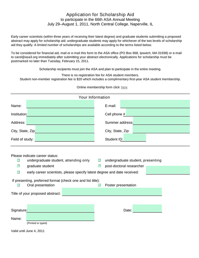Application For Scholarship Aid screenshot