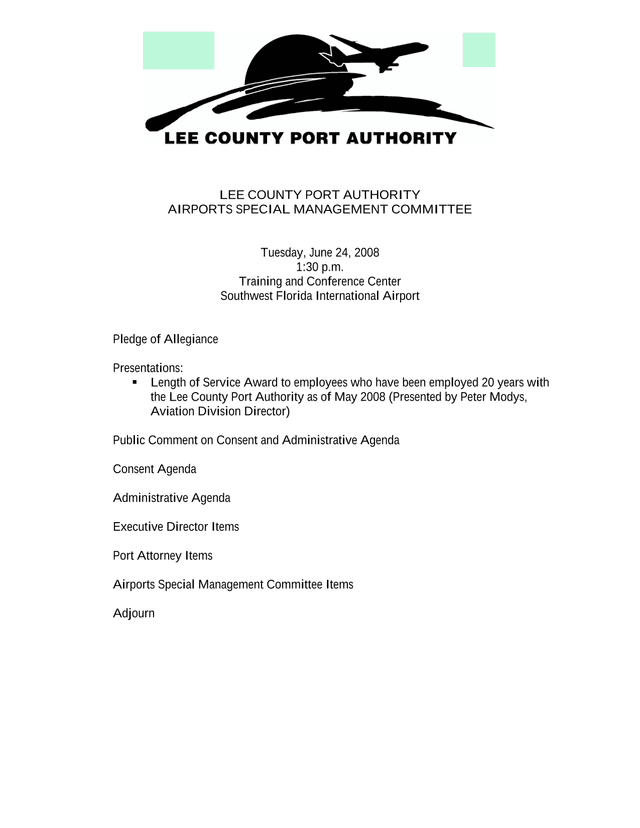 Lee County Port Authority Airports Special Management Committee Meeting Agenda screenshot