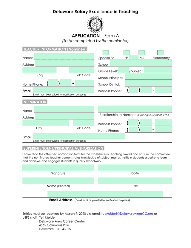 Delaware Rotary Excellence In Teaching APPLICATION  Form A screenshot